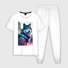 Мужская пижама хлопок с принтом Волк   житель мегаполиса в Тюмени, 100% хлопок | брюки и футболка прямого кроя, без карманов, на брюках мягкая резинка на поясе и по низу штанин
 | 