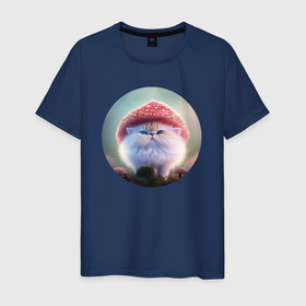 Мужская футболка хлопок с принтом Котенок гриб , 100% хлопок | прямой крой, круглый вырез горловины, длина до линии бедер, слегка спущенное плечо. | 