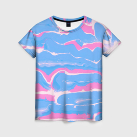 Женская футболка 3D с принтом Голубые и розовые волны , 100% полиэфир ( синтетическое хлопкоподобное полотно) | прямой крой, круглый вырез горловины, длина до линии бедер | 