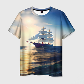 Мужская футболка 3D с принтом Парусный корабль бриг в Екатеринбурге, 100% полиэфир | прямой крой, круглый вырез горловины, длина до линии бедер | 