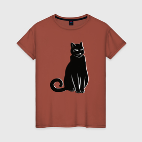 Женская футболка хлопок с принтом Чёрный статный кот в Петрозаводске, 100% хлопок | прямой крой, круглый вырез горловины, длина до линии бедер, слегка спущенное плечо | Тематика изображения на принте: 