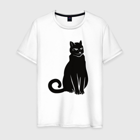 Мужская футболка хлопок с принтом Чёрный статный кот в Екатеринбурге, 100% хлопок | прямой крой, круглый вырез горловины, длина до линии бедер, слегка спущенное плечо. | 