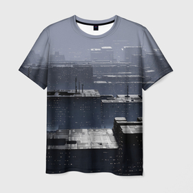 Мужская футболка 3D с принтом Тёмный металлический город будущего , 100% полиэфир | прямой крой, круглый вырез горловины, длина до линии бедер | 
