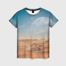 Женская футболка 3D с принтом Пустынная планета и спутник в Петрозаводске, 100% полиэфир ( синтетическое хлопкоподобное полотно) | прямой крой, круглый вырез горловины, длина до линии бедер | 