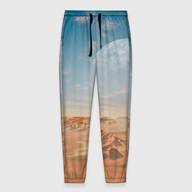 Мужские брюки 3D с принтом Пустынная планета и спутник в Кировске, 100% полиэстер | манжеты по низу, эластичный пояс регулируется шнурком, по бокам два кармана без застежек, внутренняя часть кармана из мелкой сетки | 