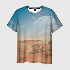 Мужская футболка 3D с принтом Пустынная планета и спутник в Кировске, 100% полиэфир | прямой крой, круглый вырез горловины, длина до линии бедер | 