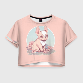 Женская футболка Crop-top 3D с принтом Щенок французского бульдога с цветами , 100% полиэстер | круглая горловина, длина футболки до линии талии, рукава с отворотами | 