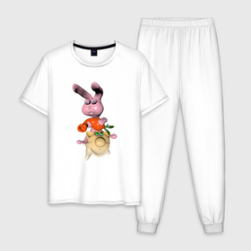 Мужская пижама хлопок с принтом Кролик с морковкой на котике в Белгороде, 100% хлопок | брюки и футболка прямого кроя, без карманов, на брюках мягкая резинка на поясе и по низу штанин
 | Тематика изображения на принте: 