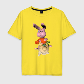 Мужская футболка хлопок Oversize с принтом Кролик с морковкой на котике в Кировске, 100% хлопок | свободный крой, круглый ворот, “спинка” длиннее передней части | 