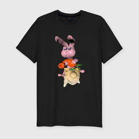 Мужская футболка хлопок Slim с принтом Кролик с морковкой на котике в Белгороде, 92% хлопок, 8% лайкра | приталенный силуэт, круглый вырез ворота, длина до линии бедра, короткий рукав | Тематика изображения на принте: 