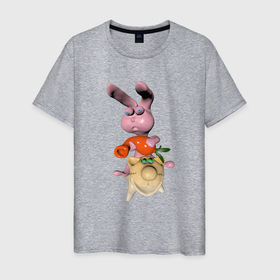 Мужская футболка хлопок с принтом Кролик с морковкой на котике в Белгороде, 100% хлопок | прямой крой, круглый вырез горловины, длина до линии бедер, слегка спущенное плечо. | Тематика изображения на принте: 