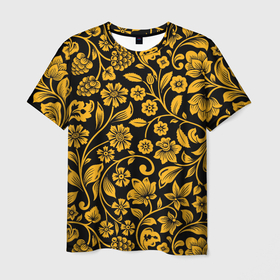 Мужская футболка 3D с принтом Золотая хохлома в Белгороде, 100% полиэфир | прямой крой, круглый вырез горловины, длина до линии бедер | 