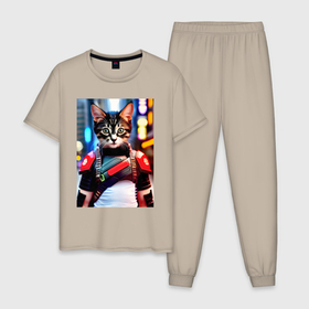 Мужская пижама хлопок с принтом Милый котёнок   киберпанк , 100% хлопок | брюки и футболка прямого кроя, без карманов, на брюках мягкая резинка на поясе и по низу штанин
 | 