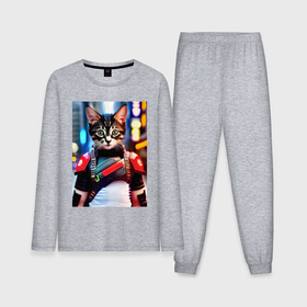 Мужская пижама с лонгсливом хлопок с принтом Милый котёнок   киберпанк ,  |  | Тематика изображения на принте: 