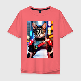 Мужская футболка хлопок Oversize с принтом Милый котёнок   киберпанк , 100% хлопок | свободный крой, круглый ворот, “спинка” длиннее передней части | 