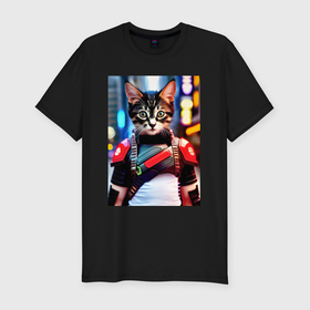 Мужская футболка хлопок Slim с принтом Милый котёнок   киберпанк , 92% хлопок, 8% лайкра | приталенный силуэт, круглый вырез ворота, длина до линии бедра, короткий рукав | Тематика изображения на принте: 