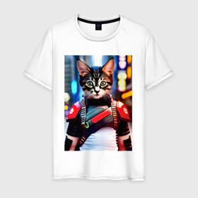 Мужская футболка хлопок с принтом Милый котёнок   киберпанк , 100% хлопок | прямой крой, круглый вырез горловины, длина до линии бедер, слегка спущенное плечо. | Тематика изображения на принте: 