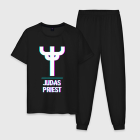Мужская пижама хлопок с принтом Judas Priest glitch rock в Петрозаводске, 100% хлопок | брюки и футболка прямого кроя, без карманов, на брюках мягкая резинка на поясе и по низу штанин
 | 