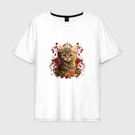 Мужская футболка хлопок Oversize с принтом Цветочный котёнок в Санкт-Петербурге, 100% хлопок | свободный крой, круглый ворот, “спинка” длиннее передней части | Тематика изображения на принте: 