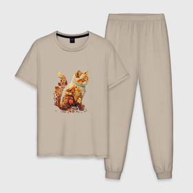 Мужская пижама хлопок с принтом Осенний котик в Тюмени, 100% хлопок | брюки и футболка прямого кроя, без карманов, на брюках мягкая резинка на поясе и по низу штанин
 | 