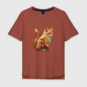 Мужская футболка хлопок Oversize с принтом Осенний котик в Белгороде, 100% хлопок | свободный крой, круглый ворот, “спинка” длиннее передней части | 