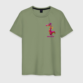 Мужская футболка хлопок с принтом Добрый розовый дракон в Новосибирске, 100% хлопок | прямой крой, круглый вырез горловины, длина до линии бедер, слегка спущенное плечо. | Тематика изображения на принте: 