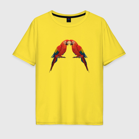 Мужская футболка хлопок Oversize с принтом Пара красных попугаев в Новосибирске, 100% хлопок | свободный крой, круглый ворот, “спинка” длиннее передней части | Тематика изображения на принте: 