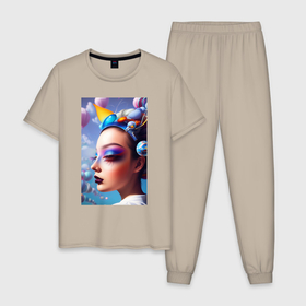 Мужская пижама хлопок с принтом Sweet dream   neural network в Екатеринбурге, 100% хлопок | брюки и футболка прямого кроя, без карманов, на брюках мягкая резинка на поясе и по низу штанин
 | 