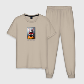 Мужская пижама хлопок с принтом Воинственный крысенок в Тюмени, 100% хлопок | брюки и футболка прямого кроя, без карманов, на брюках мягкая резинка на поясе и по низу штанин
 | Тематика изображения на принте: 