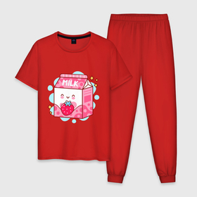 Мужская пижама хлопок с принтом Strawberry milk в Петрозаводске, 100% хлопок | брюки и футболка прямого кроя, без карманов, на брюках мягкая резинка на поясе и по низу штанин
 | Тематика изображения на принте: 