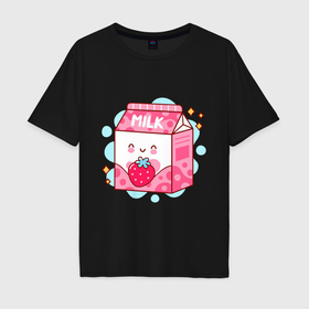 Мужская футболка хлопок Oversize с принтом Strawberry milk в Петрозаводске, 100% хлопок | свободный крой, круглый ворот, “спинка” длиннее передней части | Тематика изображения на принте: 
