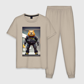 Мужская пижама хлопок с принтом Capy policeman   cyberpunk , 100% хлопок | брюки и футболка прямого кроя, без карманов, на брюках мягкая резинка на поясе и по низу штанин
 | 