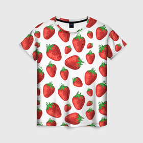 Женская футболка 3D с принтом Strawberries in sour cream в Тюмени, 100% полиэфир ( синтетическое хлопкоподобное полотно) | прямой крой, круглый вырез горловины, длина до линии бедер | 
