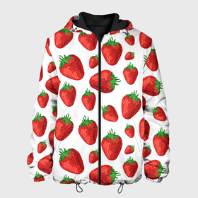 Мужская куртка 3D с принтом Strawberries in sour cream в Екатеринбурге, ткань верха — 100% полиэстер, подклад — флис | прямой крой, подол и капюшон оформлены резинкой с фиксаторами, два кармана без застежек по бокам, один большой потайной карман на груди. Карман на груди застегивается на липучку | 