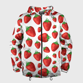Мужская ветровка 3D с принтом Strawberries in sour cream в Екатеринбурге, 100% полиэстер | подол и капюшон оформлены резинкой с фиксаторами, два кармана без застежек по бокам, один потайной карман на груди | 