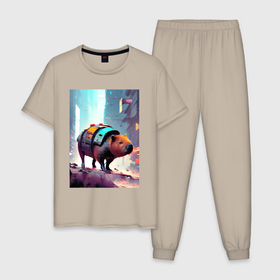 Мужская пижама хлопок с принтом Капибара в мегаполисе   киберпанк в Кировске, 100% хлопок | брюки и футболка прямого кроя, без карманов, на брюках мягкая резинка на поясе и по низу штанин
 | 
