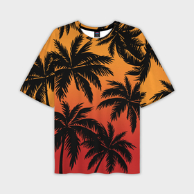 Мужская футболка oversize 3D с принтом Пальмы на красном закате ,  |  | Тематика изображения на принте: 