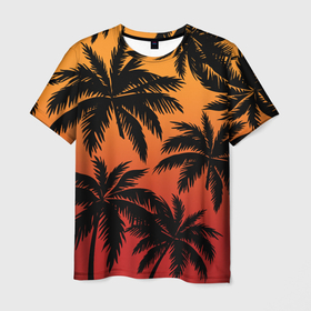 Мужская футболка 3D с принтом Пальмы на красном закате , 100% полиэфир | прямой крой, круглый вырез горловины, длина до линии бедер | Тематика изображения на принте: 