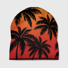 Шапка 3D с принтом Пальмы на красном закате в Тюмени, 100% полиэстер | универсальный размер, печать по всей поверхности изделия | Тематика изображения на принте: 