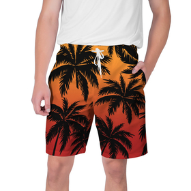 Мужские шорты 3D с принтом Пальмы на красном закате ,  полиэстер 100% | прямой крой, два кармана без застежек по бокам. Мягкая трикотажная резинка на поясе, внутри которой широкие завязки. Длина чуть выше колен | 