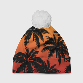 Шапка 3D c помпоном с принтом Пальмы на красном закате в Тюмени, 100% полиэстер | универсальный размер, печать по всей поверхности изделия | Тематика изображения на принте: 