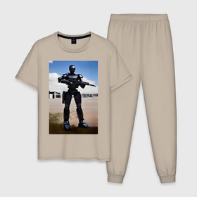 Мужская пижама хлопок с принтом Робот андроид с винтовкой в Тюмени, 100% хлопок | брюки и футболка прямого кроя, без карманов, на брюках мягкая резинка на поясе и по низу штанин
 | 