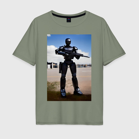 Мужская футболка хлопок Oversize с принтом Робот андроид с винтовкой в Новосибирске, 100% хлопок | свободный крой, круглый ворот, “спинка” длиннее передней части | 