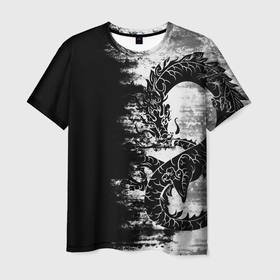Мужская футболка 3D с принтом Японский дракон тёмный в Белгороде, 100% полиэфир | прямой крой, круглый вырез горловины, длина до линии бедер | Тематика изображения на принте: 