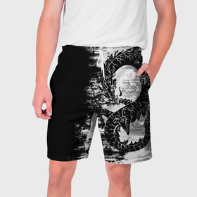 Мужские шорты 3D с принтом Японский дракон тёмный в Тюмени,  полиэстер 100% | прямой крой, два кармана без застежек по бокам. Мягкая трикотажная резинка на поясе, внутри которой широкие завязки. Длина чуть выше колен | 