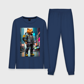 Мужская пижама с лонгсливом хлопок с принтом Cool Capy   New York   cyberpunk   neural network ,  |  | 