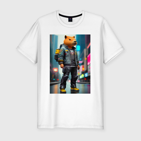 Мужская футболка хлопок Slim с принтом Cool Capy   New York   cyberpunk   neural network в Екатеринбурге, 92% хлопок, 8% лайкра | приталенный силуэт, круглый вырез ворота, длина до линии бедра, короткий рукав | Тематика изображения на принте: 