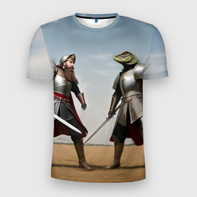 Мужская футболка 3D Slim с принтом Древний Рус против Ящера в Петрозаводске, 100% полиэстер с улучшенными характеристиками | приталенный силуэт, круглая горловина, широкие плечи, сужается к линии бедра | 