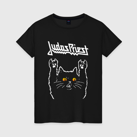 Женская футболка хлопок с принтом Judas Priest rock cat в Курске, 100% хлопок | прямой крой, круглый вырез горловины, длина до линии бедер, слегка спущенное плечо | 