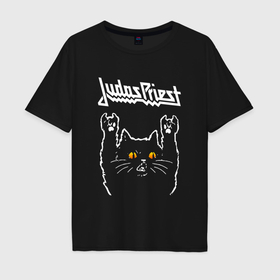 Мужская футболка хлопок Oversize с принтом Judas Priest rock cat в Санкт-Петербурге, 100% хлопок | свободный крой, круглый ворот, “спинка” длиннее передней части | Тематика изображения на принте: 
